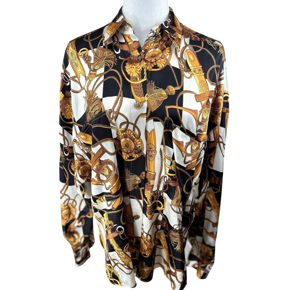 The Kooples SZ 1 Paris Silk Scarf Print Button Down Long Sleeve Blouse Top Women